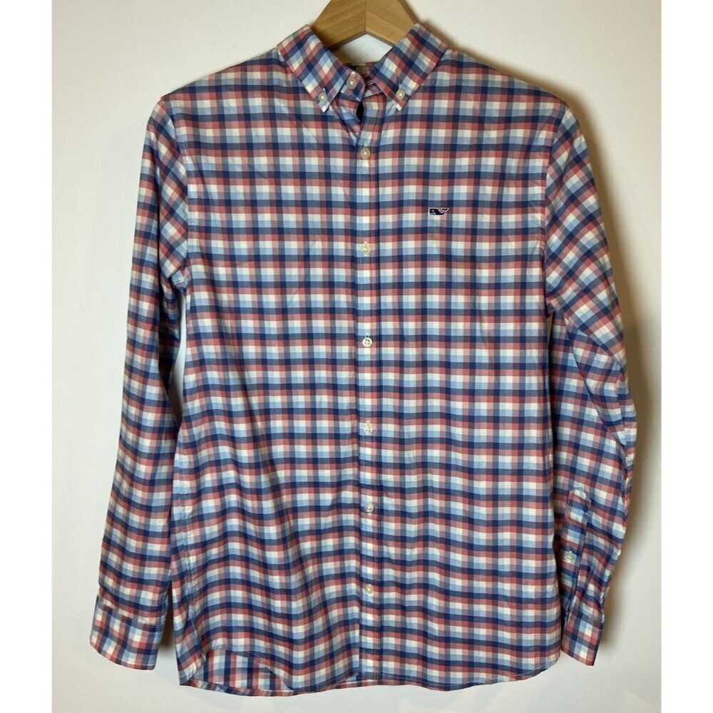 Boys Vineyard Vines On The Go Performance Shirt Button Up Blue Pink Plaid L 16